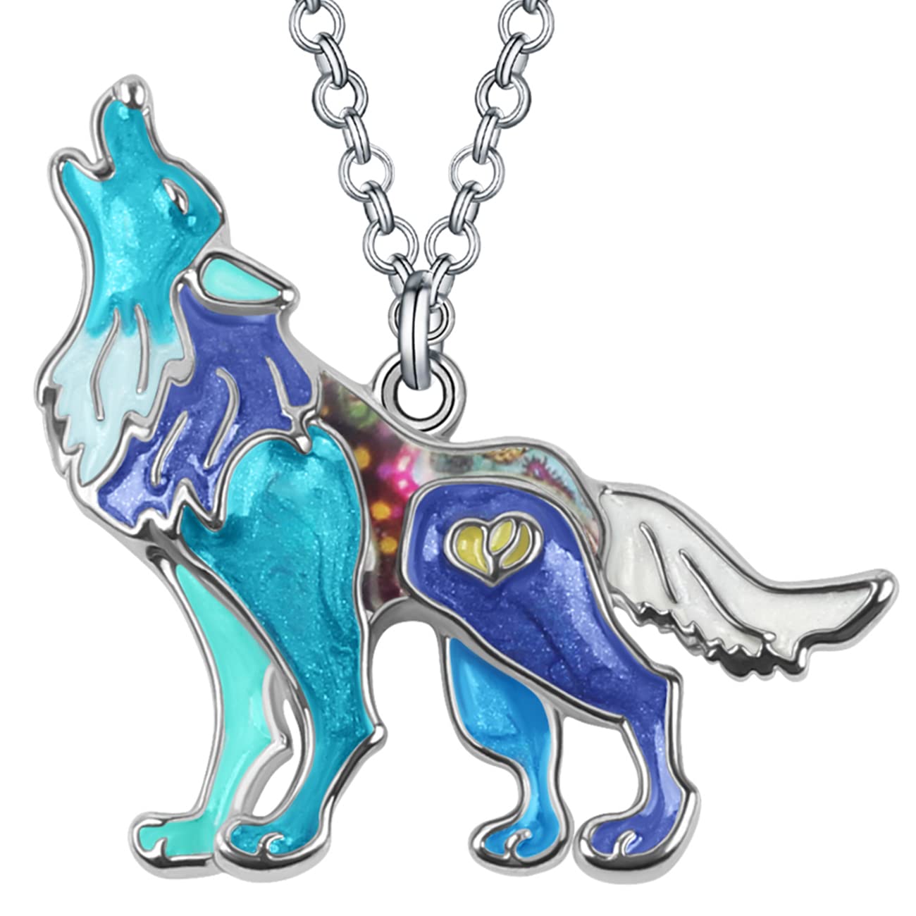 Enamel Alloy Wolf Necklace Pendant Fashion Jewelry Cute Charms Gifts for Women Girls (Blue)