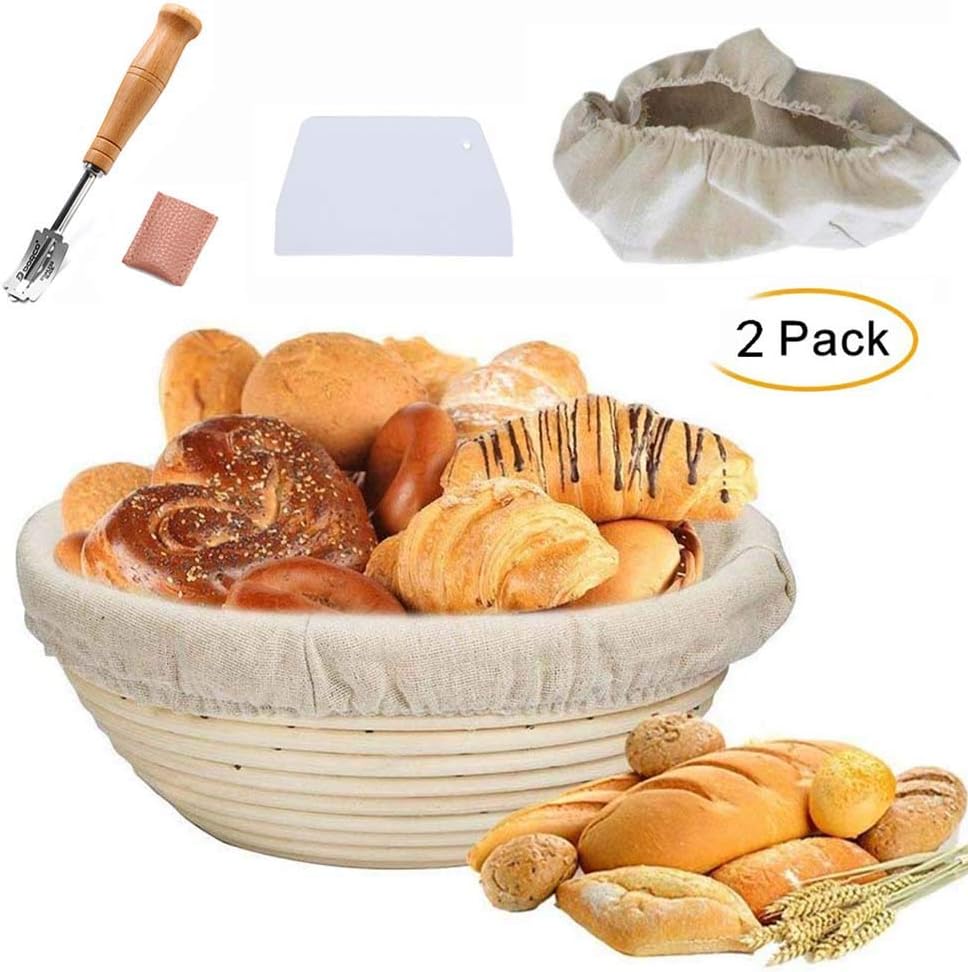 Bread Banneton Proofing Basket, Round Baking Dough Kit Bowl with Dough Scraper Brotform Cloth Liner Basting Brush for Artisan & Home Bakers (10" 3.3")