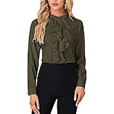 LYANER Women's Mock Neck Button Down Ruffle Front Long Sleeve Work Shirt Blouse Tops