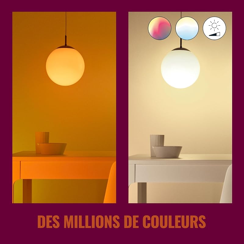, ampoule LED connectée Wi-Fi couleur E14, équivalent 40W, 470 lumen, lot de 2, fonctionne avec Alexa, Google Assistant et Apple HomeKit
