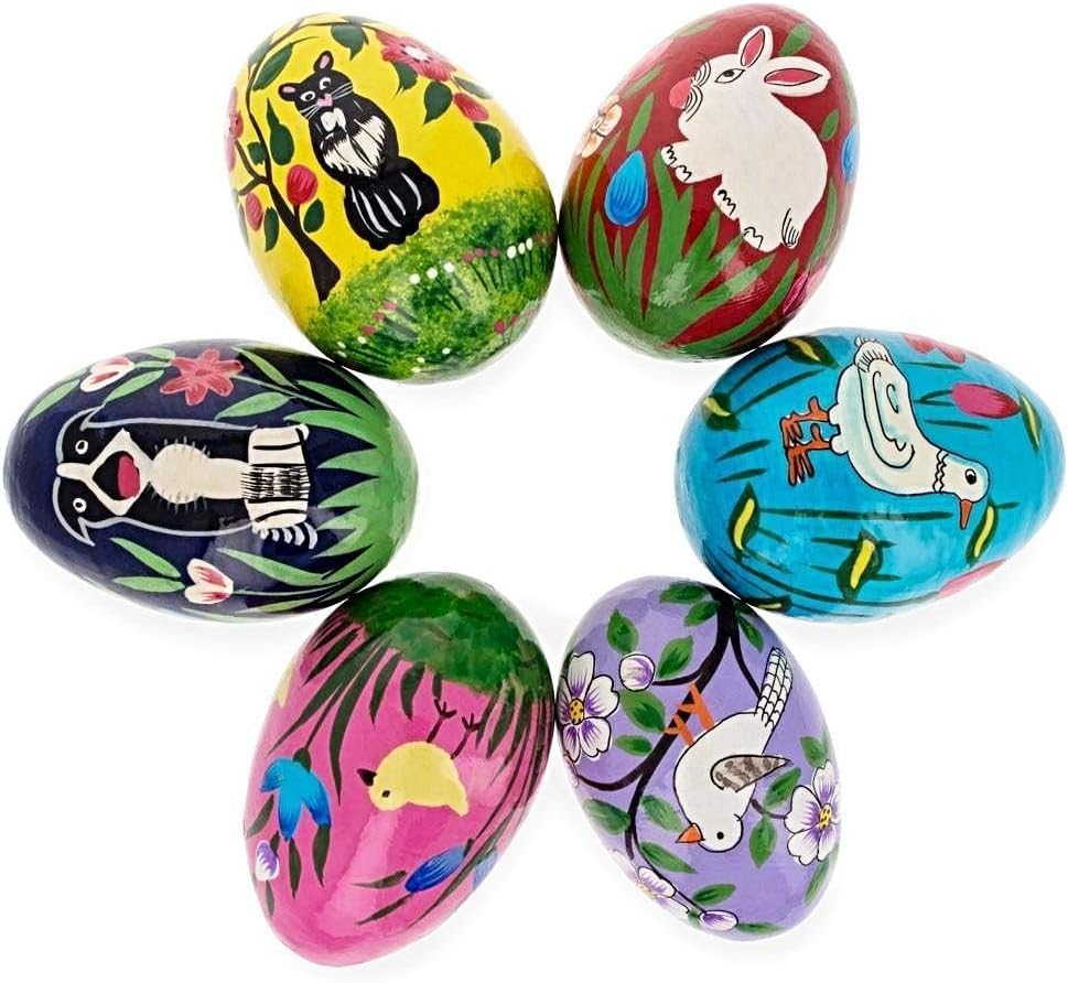 6 Animals Wooden Ukrainian Easter Eggs Pysanky 3 Inches