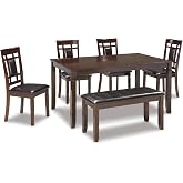 Signature Design by Ashley 6-Piece Dining Table Set with Bench, Dark Brown | Veneers, wood and engineered wood, Wipe-clean faux leather seats, Space-saving tuck-away bench, Bennox Series