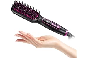 HOSON Mini Hair Straightener Brush Travel Size for Women,Dual Voltage Straightening Brush with Ceramic Heated Bristles,Adjustable Temperature&LED Display