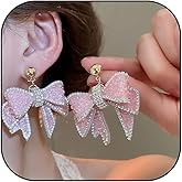 Pink Rhinestone Bow Drop Earrings for Women Cute Green Purple Rhinestone Bowknot Dangle Drop Earring Trendy Christmas Jewelry Gift for Women