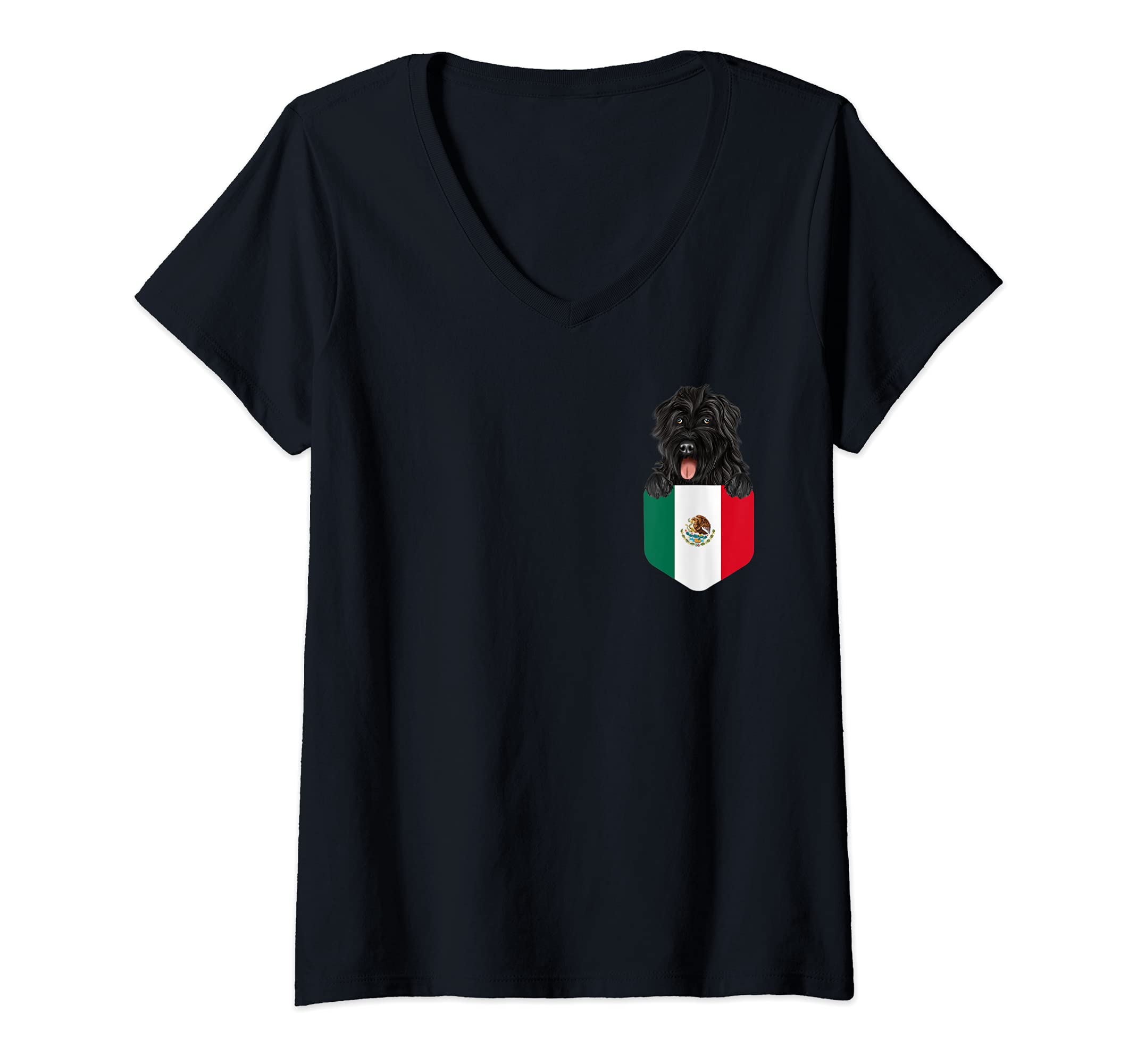 Womens Mexico Flag Bouvier des Flandres Dog In Pocket V-Neck T-Shirt