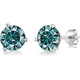 Gem Stone King 18K White Gold Blue Moissanite 3 Prong Stud Earrings For Women Men (2.00 Cttw, Round 6.5MM)