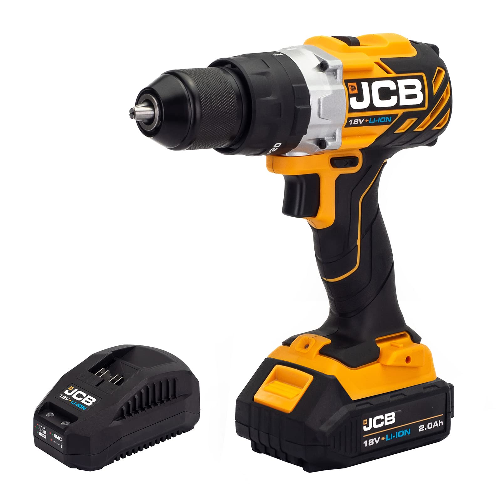 JCB 18v Brushless Cordless Combi Drill, 2.0ah Lithium-ion Battery & Fast Charger, Variable Speed & LED Light, Rubber Grip Overmould