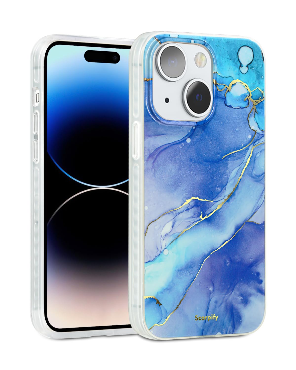 SCORPIFY for iPhone 14 Case [Compatible with MagSafe] with Fantasy Blue Marble Design, Cute Magnetic Phone Cover for Women Girls and Men, Slim Shockproof Bumper with Gold Accents — image 1