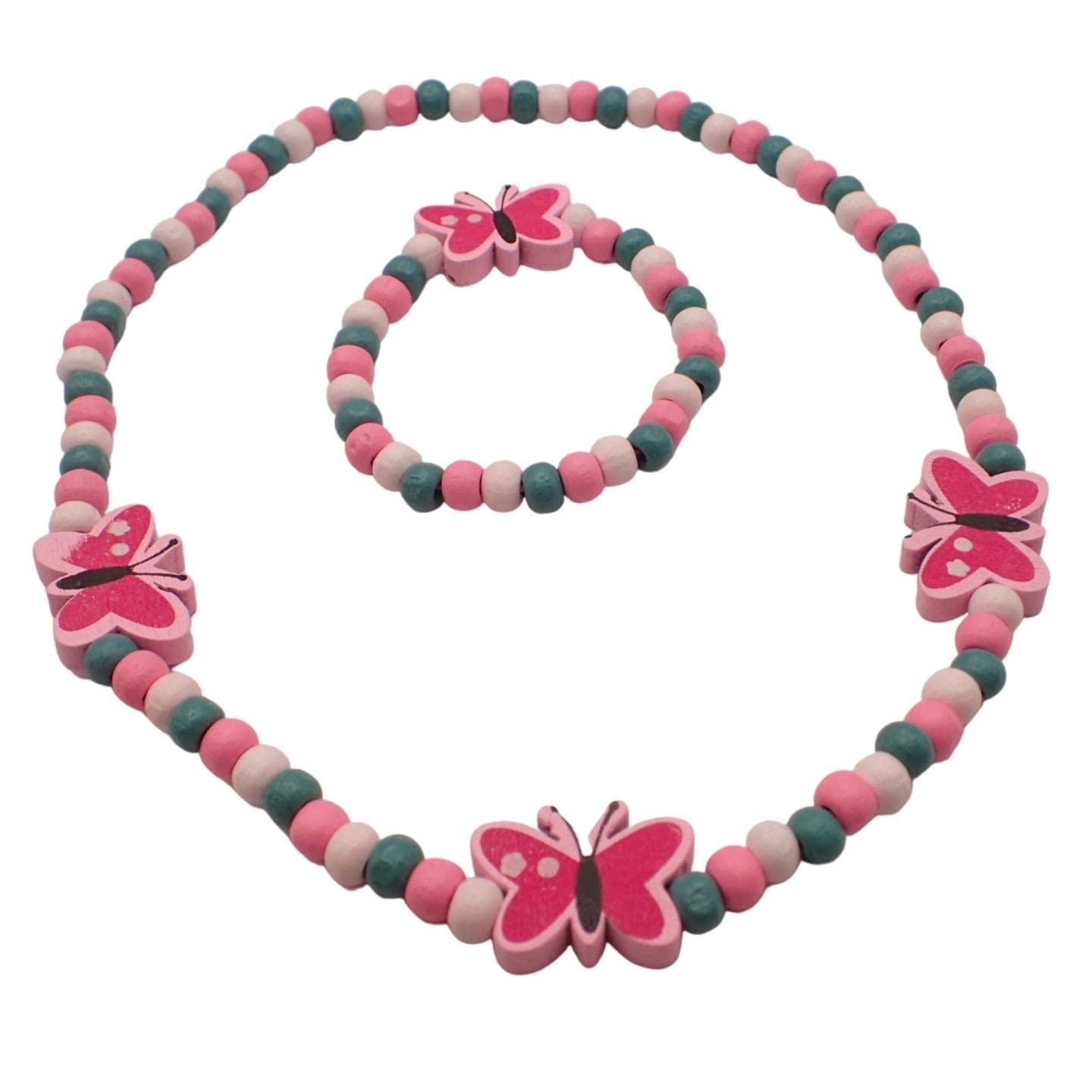Topkids Accessories Children's Wooden Necklace & Bracelet Sets, Colourful Chunky Wooden Jewellery For Kids Costume Party Game Prizes, Perfect For Party Bag (Pink Butterflies)