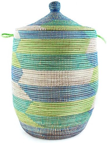 Large Green & Blue African Laundry Basket with Lid