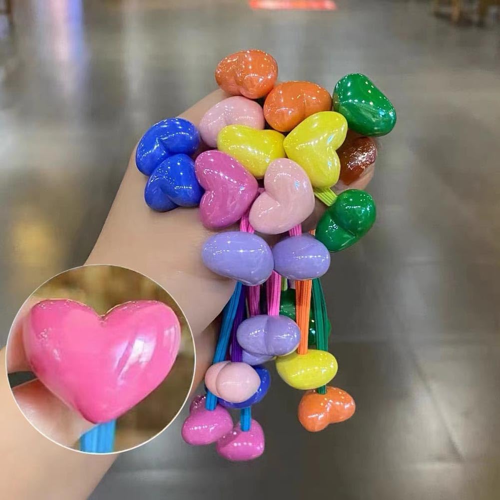 14PCS Heart Ball Charm Hair Ties for Little Girls, Colorful Double Heart Bead Rubber Band, No Damage Ponytail Holders for Toddler Girls