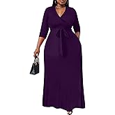 Nmoder Plus Size Maxi Dress for Women - Summer Casual 3/4 Sleeve Floral Flowy Long Dress with Belt XL- 6XL