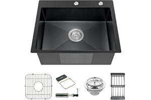 KOARDINK Black Kitchen Sink, Stainless Steel Topmount Bar Sink 22x18x9 Inch Single Bowl Drop In Kitchen Sink Combo-Sink Grid,Soap Dispenser,Drain Basket,Strainer Mesh,Drain Strainer Set for Modern Kitchen Sink