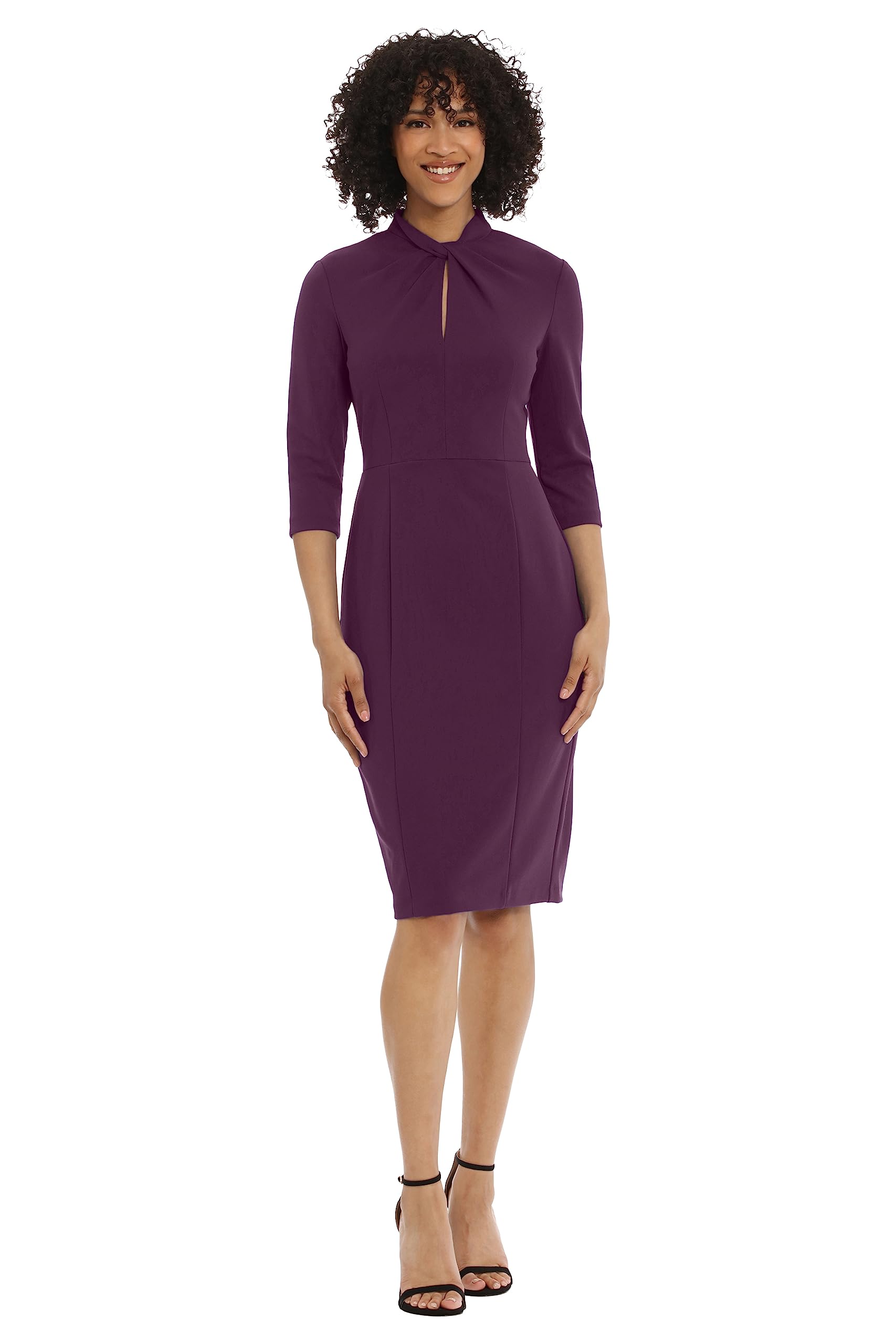 Donna Morgan Women’s Stretch Crepe 3/4 Sleeve Twisted Neckline Sheath Dress, Pickled Beet