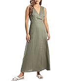 Amazhiyu Women's 100% Linen Summer Sleevelesss V-Neck Wrap Midi Dresses Casual Green, Large