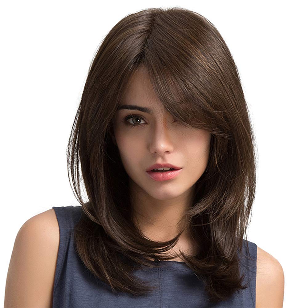 Xnuiasqe Women Hair Wigs Ladies Daily Natural Wave Dark Brown Side Parting Synthetic None Lace Wigs with Bangs