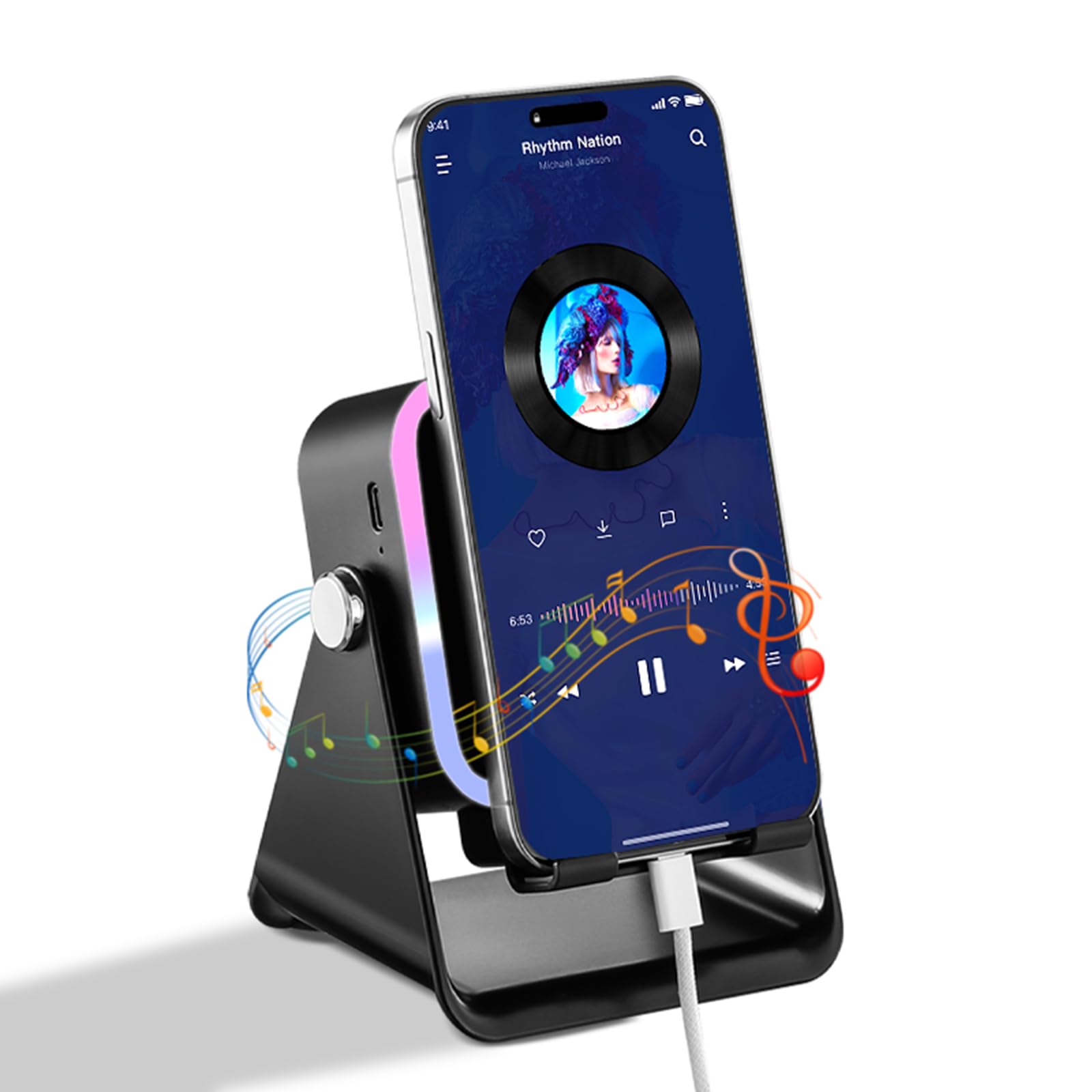 Photo 1 of ***PARTS ONLY*** ***NONFUNCTIONAL*** Wireless Induction Speaker 5-in-1 Bluetooth Speaker with Phone Holder, Surround Sound, 3500mAh, 8 RGB Ambient Lights, 360° Adjustable Stand, Holder for iPhone/Android/iPad Gifts for Men Women (Black)
