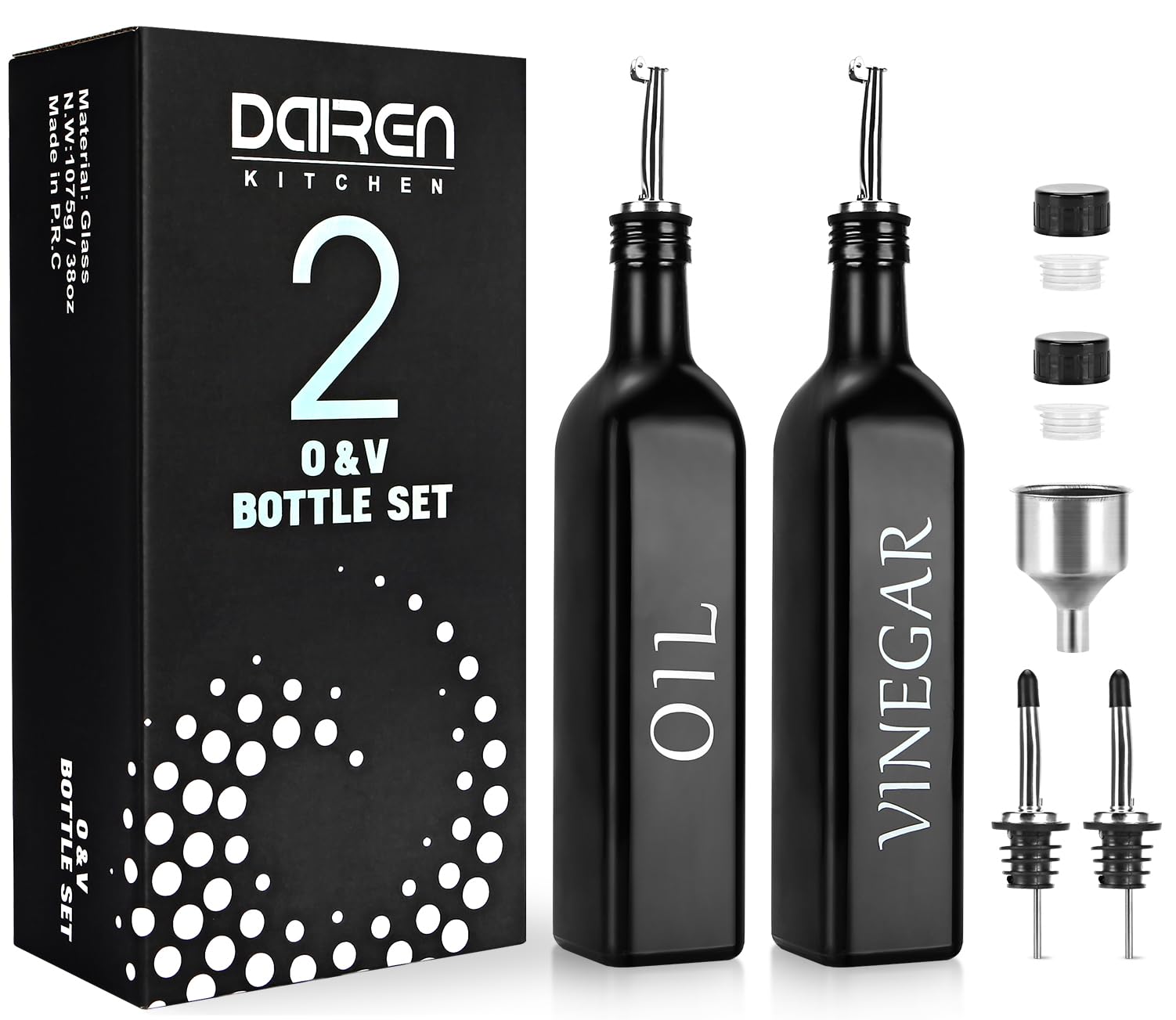 DaiRen Kitchen Oil and Vinegar Dispenser Bottle 500 ml Glass Set, Olive Oil Bottle Dispenser with Caddy Holder and Stainless Steel Spout, Black, 2-Piece Set