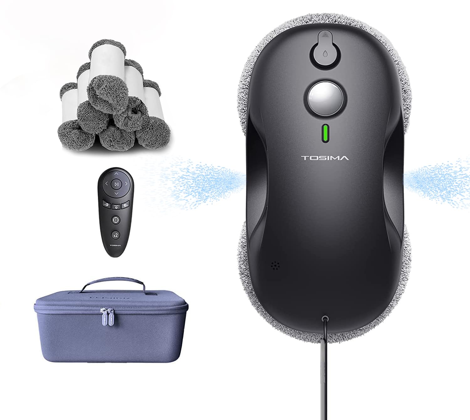 Tosima W3 Robot limpiacristales - Limpiacristales inteligente con pulverización automática de doble dirección con triple sistema de seguridad, navegación inteligente, control remoto, para todas las superficies lisas, con 12 trapos, negro