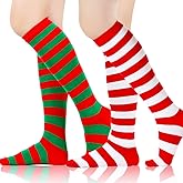 Miaband Christmas Knee High Socks Striped Socks Holidays Calf Stocking for Women 2 Pairs