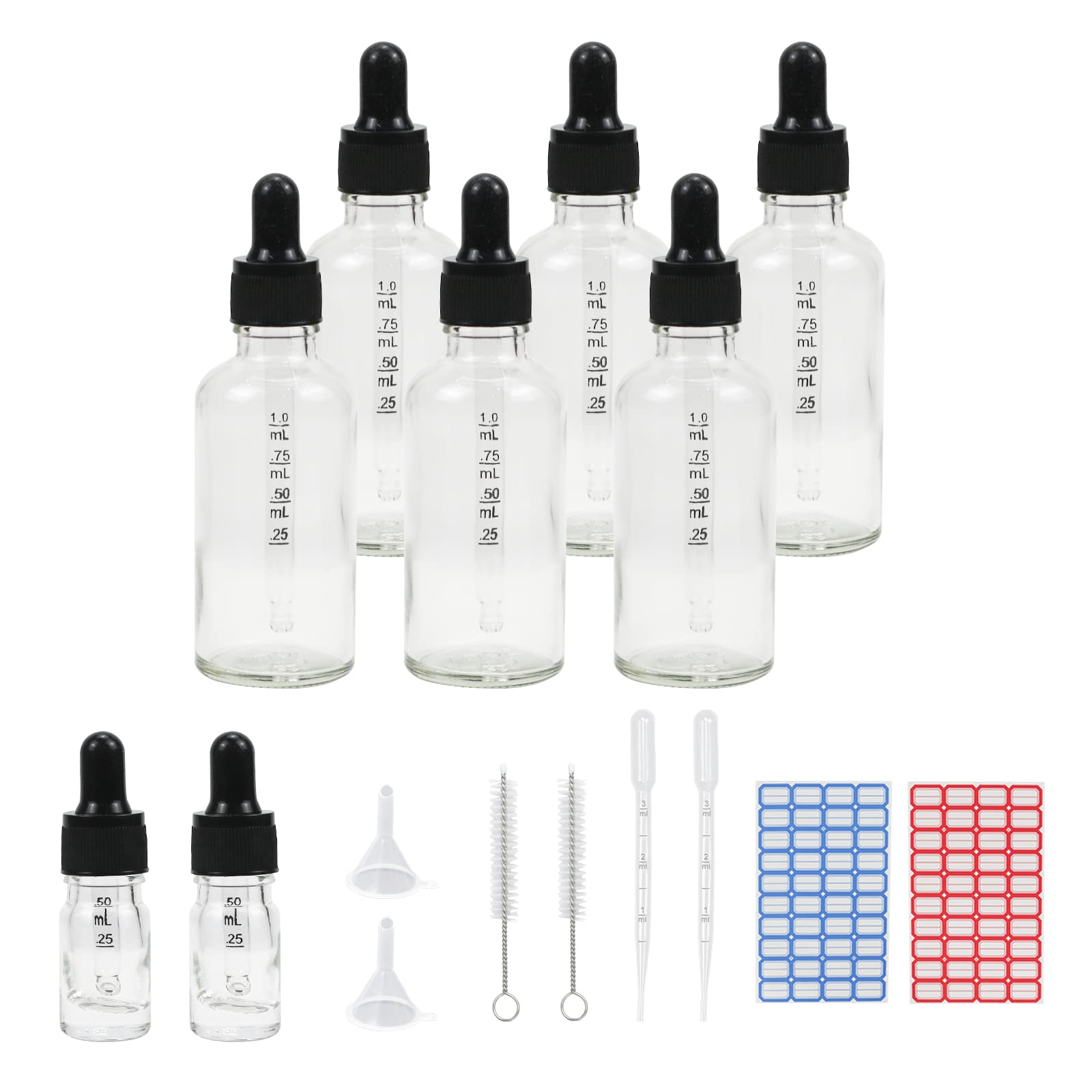 Reyshin 50ml Glass Dropper Bottles, 6 Pack Clear Glass Bottle with Dropper Pipettes Refillable Sample Dropper Bottle for Essential Oil Massage Aromatherapy Eye Drops(50ml transparent)