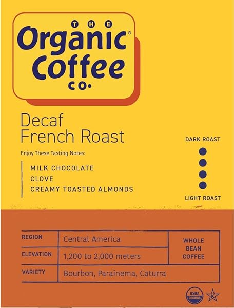 THE ORGANIC COFFEE CO. DECAF FRENCH ROAST WHOLE BEAN COFFEE 2LB (32 OUNCE) DARK ROAST NATURAL WATER PROCESSED USDA ORGANIC