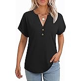 GKBK Womens Short Sleeve V Neck Henley Tops Dressy Casual Blouses Summer Trendy Vacation Tee Shirts 2026 Fashion Clothes