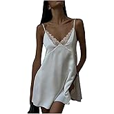 GORGLITTER Women's Lace V Neck Satin Dress Spaghetti Strap Tie Backless Sexy Wedding Guest Party Mini Dresses