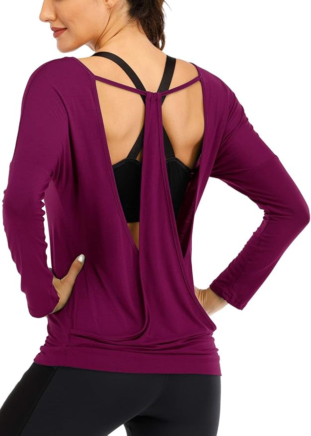 Fihapyli Women's Long Sleeve Yoga Tops Sexy Open Back Workout Tops for