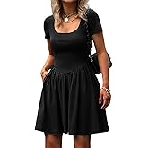 Mieazom Women's Summer Casual Short Sleeve Mini Dress Square Neck A Line Pleated Swing Dresses Basic Short Dress with Pockets