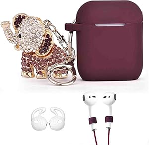 Airpods Case, LitoDream Compatible with Bling Elephant Keychain for Apple Airpods 2/1 Silicone Case Cover (Burgundy Case + Elephant)