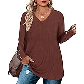 RITERA Plus Size Tops for Women Vintage Waffle Tunic Tops V Neck Shirts Solid Color T-Shirts XL-5XL