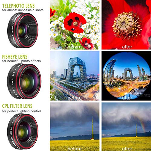 Phone Camera Lens Kit 9 in 1: 22X Telephoto Lens, 205Â° Fisheye Lens, 0.5X Wide Angle Lens & 25X Macro Lens, Compatible with iPhone 8 7 6 6s Plus X XS XR Samsung