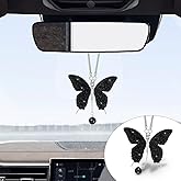 Bling Butterfly Diamond Car Hanging Accessories, Crystal Car Rear View Mirror Charms Car Decorative Accessories for Women, Lucky Presents Hanging Ornament Pendant Decor for All Cars (Black)