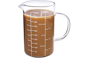 77L Glass Measuring Cup, [Insulated handle, V-Shaped Spout], High Borosilicate Glass Measuring Cup for Kitchen or Restaurant, Easy To Read, 500 ML (0.5 Liter, 2 Cup)