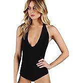 SweatyRocks Women's Y2k Sexy Deep V Neck Halter Bodysuits Backless Low Cut Plunge Bodysuit Going Out