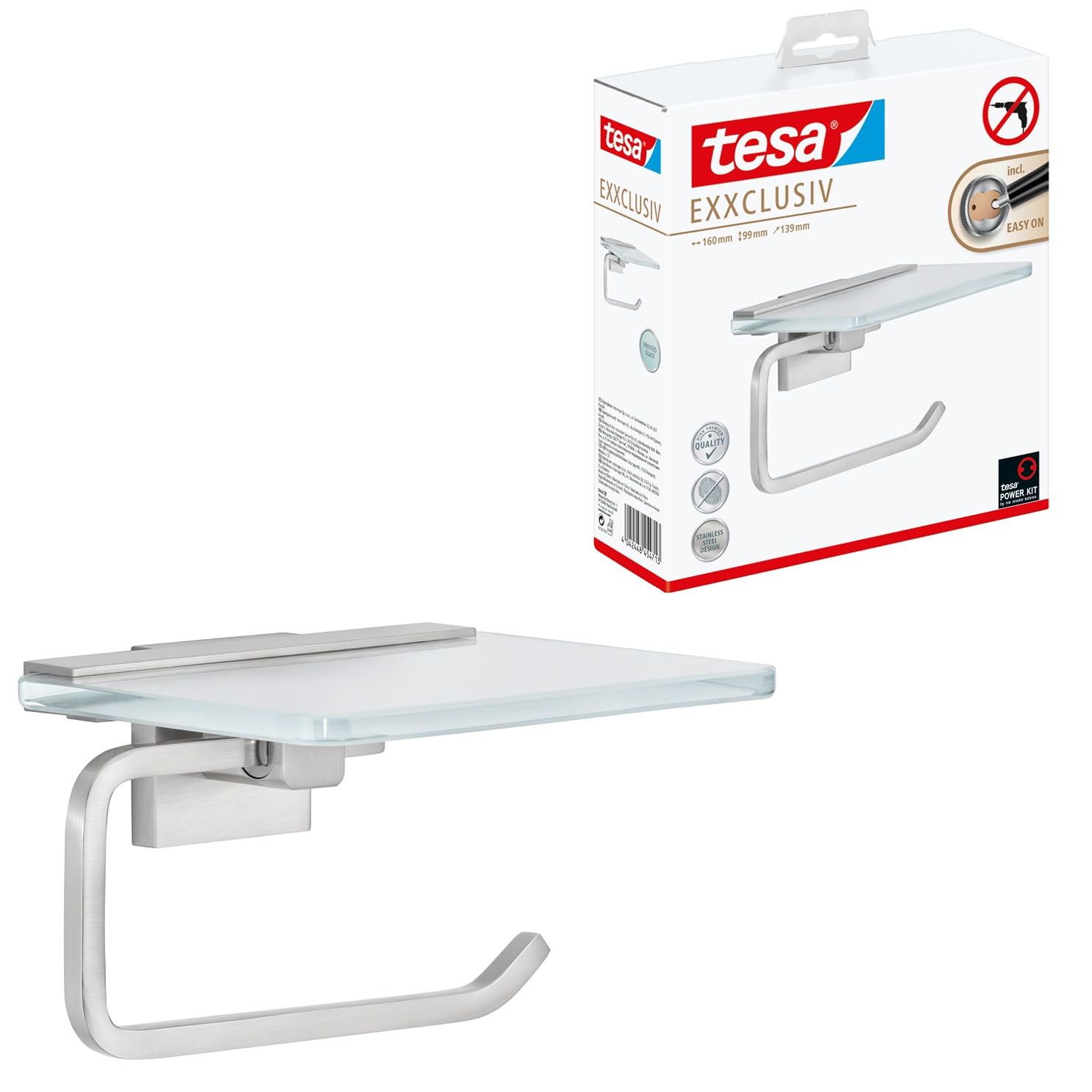 tesa EXXCLUSIV toilet roll holder, self-adhesive, stainless steel look, classy design, guaranteed stainless, 99mm x 160mm x 139mm