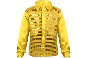 JEATHA Kids Boys Shiny Sequins Lapel Long Sleeve Hip Hop Jazz Latin Dance Shirts Stage Performance Costume