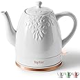 Toptier Electric Ceramic Tea Kettle, Boil Water Quickly and Easily, Detachable Swivel Base & Boil Dry Protection, Carefree Auto Shut Off, 1.5 L, White