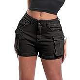 ELLEVEN Women's High-Stretch Cargo Shorts, Y2K Mini, High Waisted, Slim-Fitted Jean Shorts with Pockets