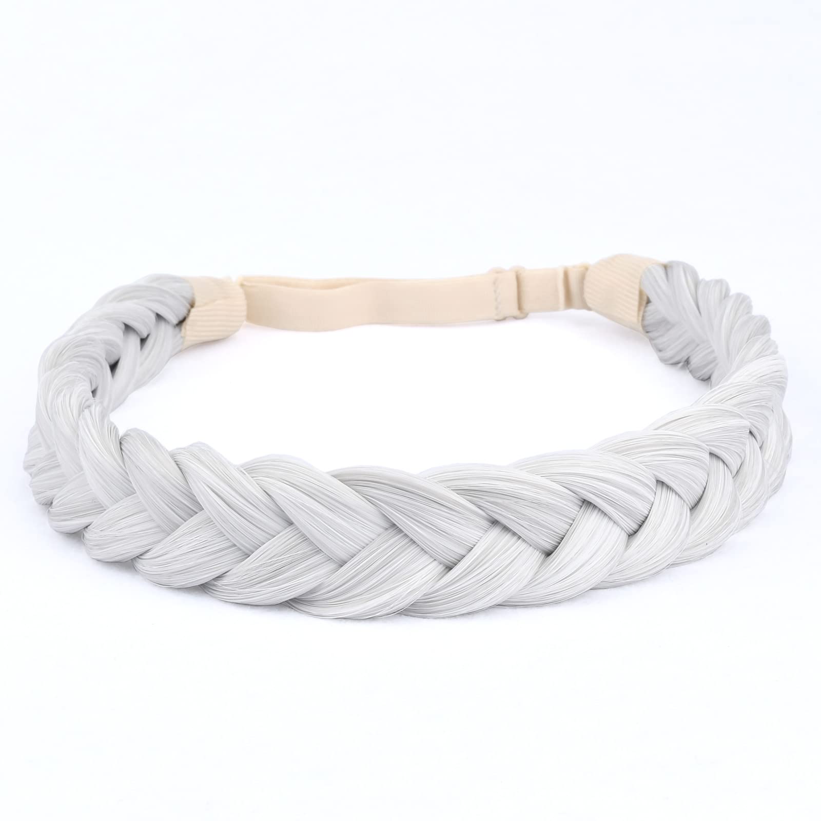 BOBIYA 2 Strand Synthetic Hair Braided Headband Classic Chunky Plaited Braids Elastic Stretch Hairpiece for Women Girl Beauty Accessory (White Gray)