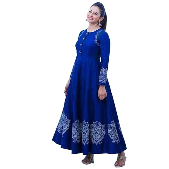 Kurti for Women and Girls Rayon Printed Anarkali Blue