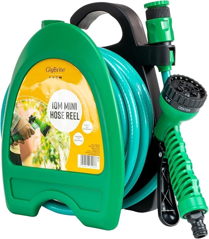 GloBrite Mini Hose Reel with 10m / 32ft Garden Hose Pipe Spray Gun & Adjustable Nozzle, Wall Mountable, Compact and Portable for Small Garden, Balconies, Watering for Pots and Outdoor Cleaning