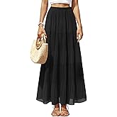 Yewanka Women's Chiffon Pleated Maxi Skirt Elastic High Waisted Boho A-Line Fall Flowy White Long Skirts with Lining