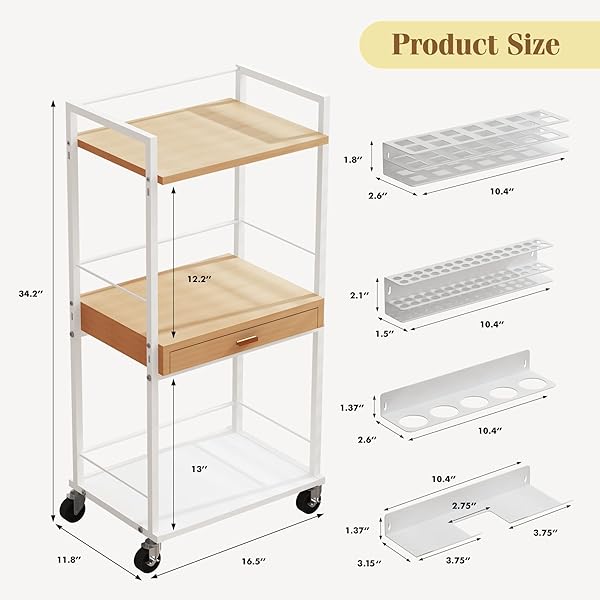 XUBIALO 3 TIER ROLLING UTILITY CART WITH WOODEN DRAWER, STABLE AND STURDY MADE OF MULTIFUNCTIONAL STORAGE ORGANIZER TOOL FOR KITCHEN, BATHROOM, MAKEUP, LIVING ROOM, BABY ESSENTIALS, WHITE