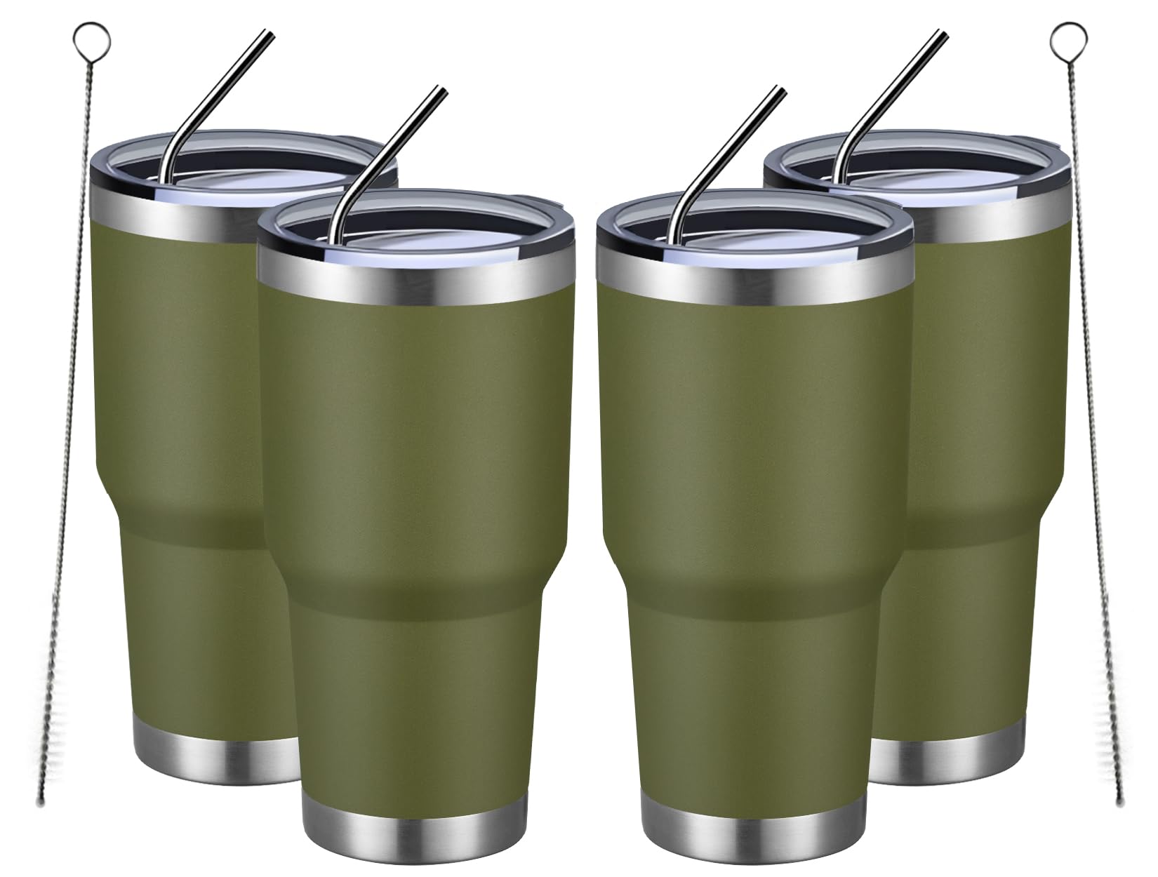 MEWAY 30oz Insulated Tumbler With Lids and Straws,Stainless Steel Double Vacuum Coffee Tumbler Cup, Brush, Durable Powder Coated Coffee Cup for Cold & Hot Drinks, Office, Travel(Army Green, 4PACK)