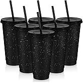 Uiifan 6 Pcs Reusable Tumbler with Lids and Straws Plastic Iced Coffee Tumbler Glitter Travel Mug Cup for Smoothie Juices Birthday Party Cold Drink Coffee Cup Bulk for Adult Kid Women(24 oz,Black)