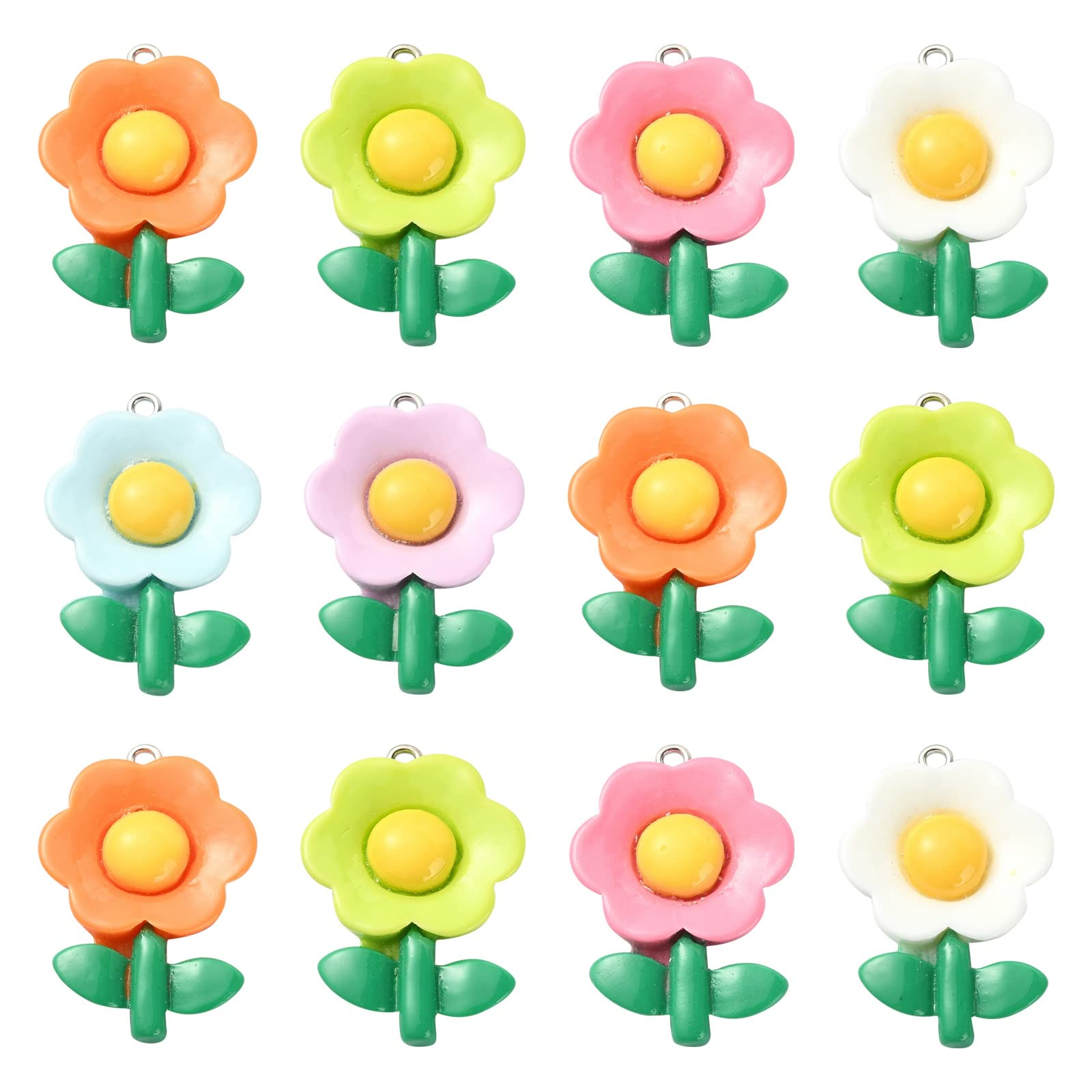 Stiesy 30 Pcs 6 Colors Resin Flower Charms Sunflower Charm Cartoon Floral Dangle Charms for DIY Crafts Bracelet Necklace Jewelry Making