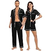 SWOMOG Matching Pajamas for Couples Satin Short Sleeve Sleepwear Women/Men Silk Soft Button Down Nightwear 2 Pcs Loungewear