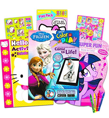 Coloring Books with Stickers Assortment ~ Hello Kitty Coloring Book, My Little Pony Coloring Book, Disney Frozen Coloring Book (Set of 3)